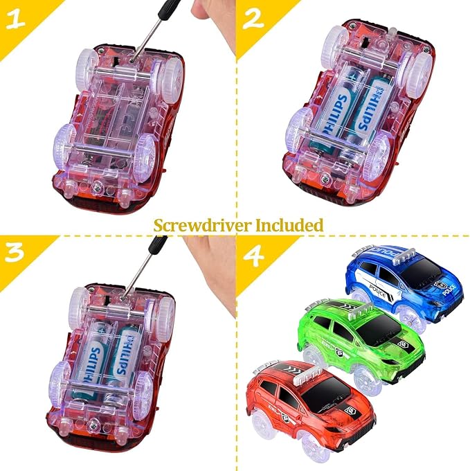 Tracks Cars Only Replacement, Flex Track Race Cars Glow in the Dark, Lights Up Glow Trax Trucks with 5 LED Flashing Light Compatible with Most Tracks for Kids(Red/Blue/Green)