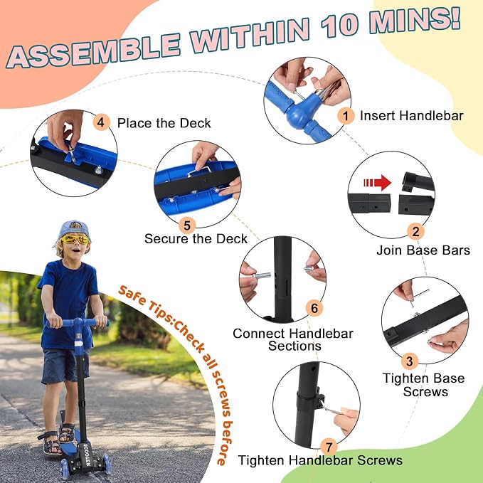 Kick Scooter for Kids Ages 6-12, Stable 3 Wheel Kids Scooter with LED Light-Up Wheels, 3 Adjustable Heights, Lean-to-Steer, Foldable, 6" Extra Wide Deck for Boys and Girls Gifts