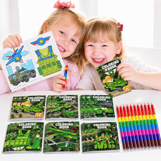 Cinrobiye 24 Set Coloring Books DIY Bulk Mini Ten Plagues Coloring Booklet with Stacking Crayons for Jewish Family Pesach Favors Goodie Bags Stuffer School Classroom Activity Rewards (Military)