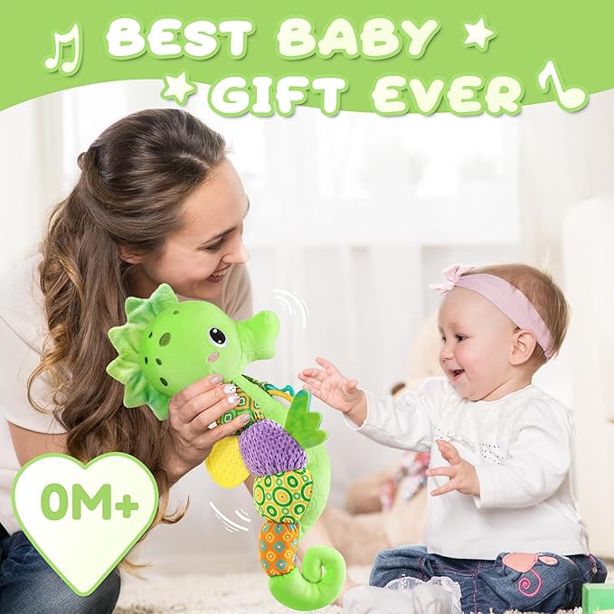 Awotoy Baby Toys 0 to 12 Months, Musical Stuffed Animal Activity Soft Toys with Multi-Sensory Crinkle, Rattle and Textures, Infant Tummy Time Toys for Newborn Boys Girls, Seahorse, Green