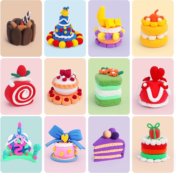Air Dry Clay Kit, 12 Cake Modeling Clay for Kids, Molding Clay Set with Sculpting Tools and Tutorial, Ultra Light, Safe & Non-Toxic, Arts and Crafts School Projects, Home Party Favor for Boys Girls