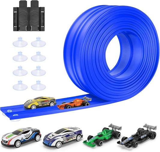 KETIEE Flex Tracks 16Ft for Kids: Flexible Race Car Ramp Track with 4 Small Racecars and 8 Suction Cups Compatible with Diecast 1/64th Cars, Rolls Up Portable Racetrack for Ages 3 & Up