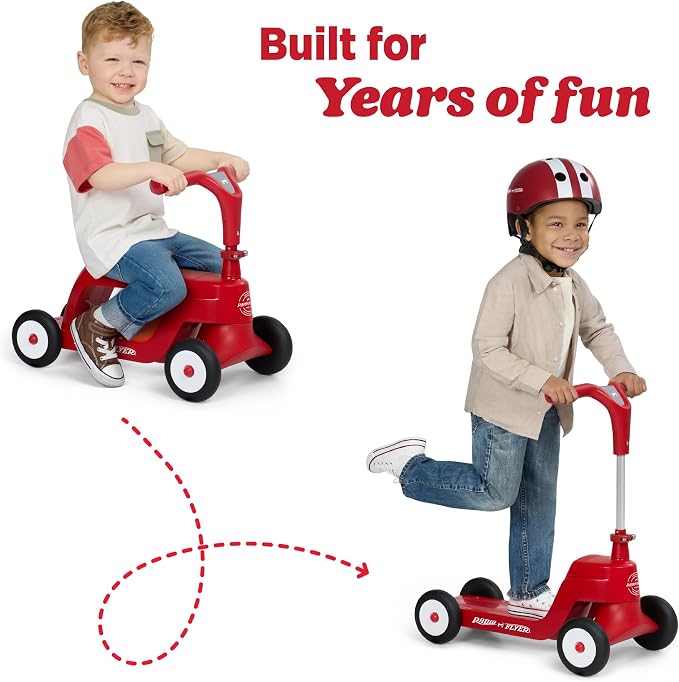 Radio Flyer Scoot 2 Scooter, Blue/Red/Pink, for Kids Ages 1-4, Ride On Toy or 4-Wheel Kids Scooter, Durable Wheels and Frame, Converts Easily with Flip Deck, Toddler Ride On Toys (Amazon Exclusive)