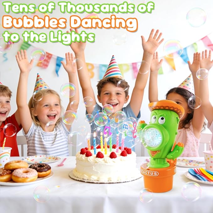 Cactus Bubble Machine, Automatic Bubble Blower with Music & Wiggle Action, Portable Handheld Bubble Maker with Lights, Birthday Gifts for Toddlers, Party Favors Toys, Easter Basket Stuffers for Kids