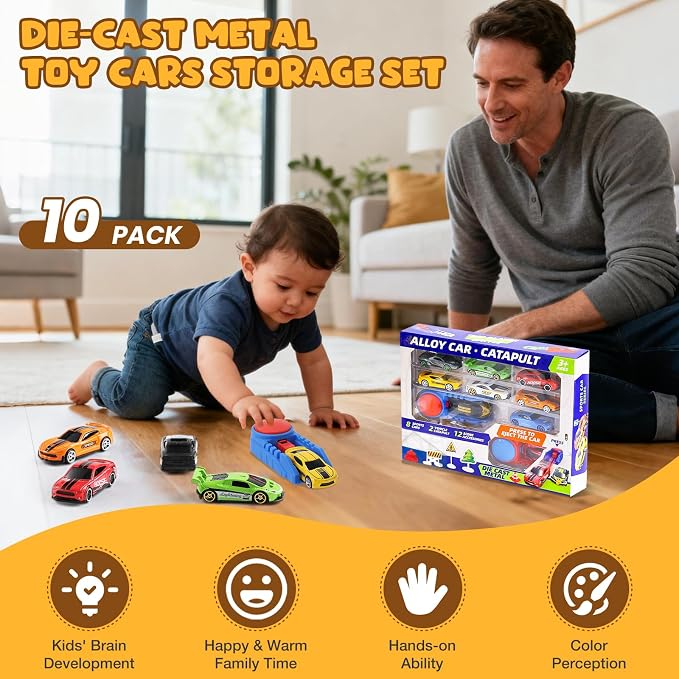 Die Cast Toy Cars with Catapult Launcher (Big) | 2 die-cast sports cars with a manual press launcher for indoor racing and vehicle-themed play.