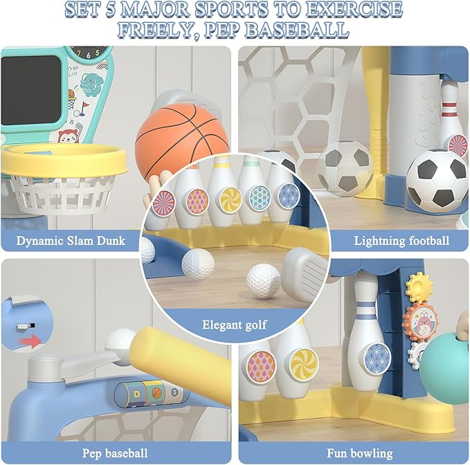 5-in-1 Toddler Sports Toys Activity Center: Includes Basketball Soccer Bowling Baseball Golf, Toddler Basketball Hoop Indoor with Adjustable Height 1-3 Year Old Boys Girls Toys, Toddlers & Baby Gift