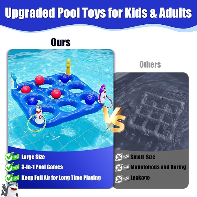 Shark Pool Toys Games Set, 2-in-1 Giant Inflatable Tic Tac Toe Float Game & Ring Toss Game with 10 Balls & 6 Rings, Outdoor Summer Fun Beach Yard Swimming Pool Games for Adults Teens Kids 6+