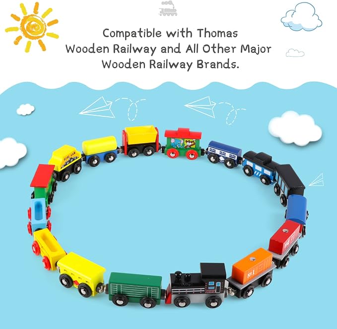 Wondertoys Wooden Train Set 16 PCS Train Toys Magnetic Set Includes Storage Bag - Wooden Track Accessories - Wooden Magnetic Car Set for Toddlers Kids Boys and Girls