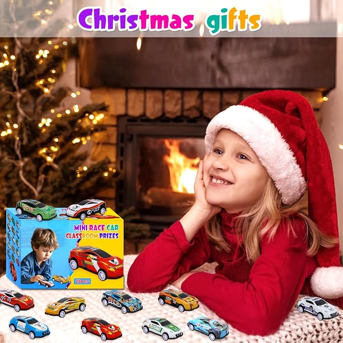 Siwarm 28 pcs Pull Back Cars Toys for Kids, Party Favors Treasure Box for Classroom Prizes Mini Vehicles Race Cars Toys Bulk Xmas Gifts Pinata Goodie Bag Stocking Stuffers for Boys Girls Toddlers