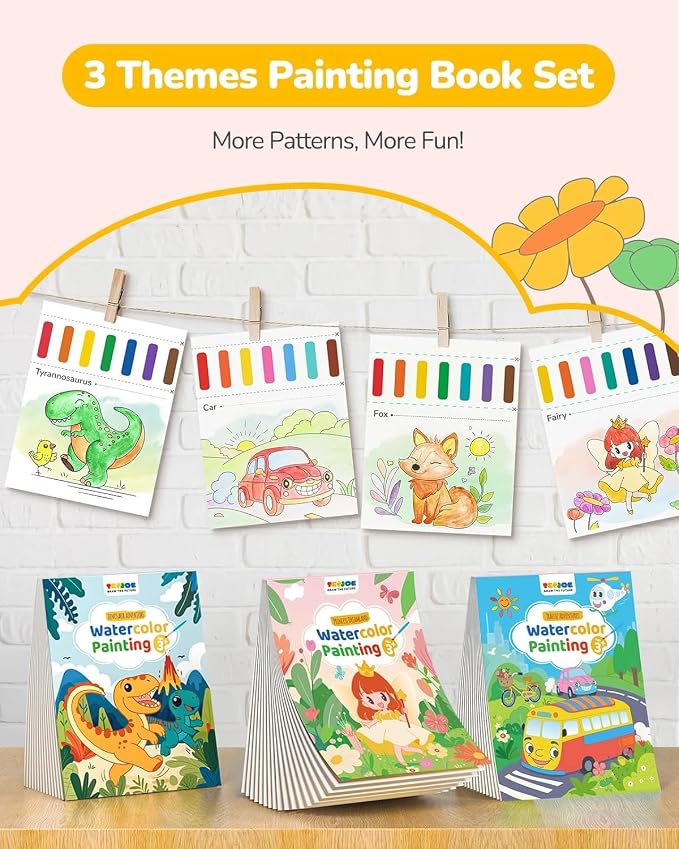 TECJOE 3 Pack Paint with Water Coloring Books for Toddlers, Mess Free Watercolor Painting Set with 6 Brushes, Travel Art Craft Toys Birthday Gifts for Kids Ages 3-8, Traffic, Princess & Dinosaur