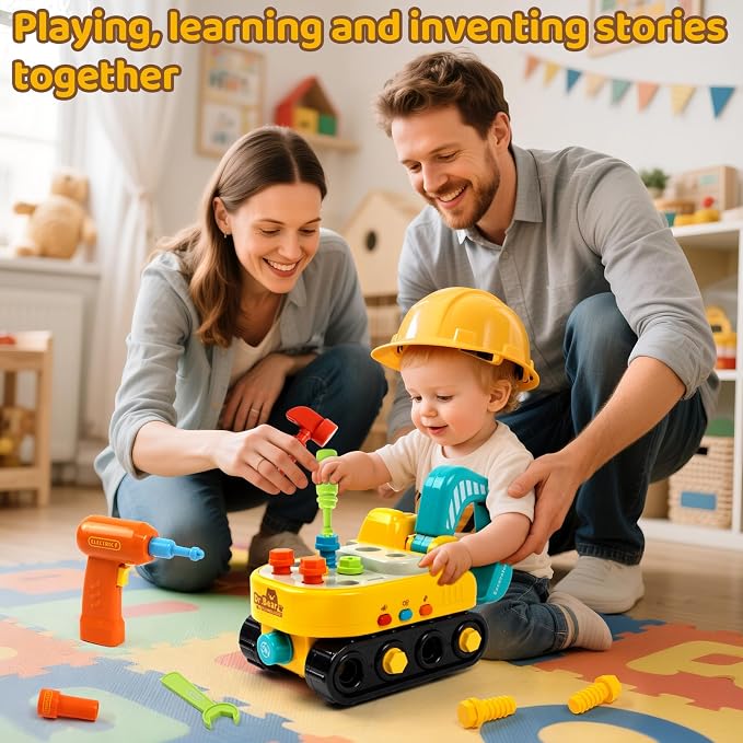 Toys for 2 Year Old Boys: Toddler Tool Set, Excavator Take Apart Toys with Electric Drill, Screwdriver, Wrench, Learning Pretend Construction Toy for 2 3 Years Old Kids Birthday Gift, Musical, Light