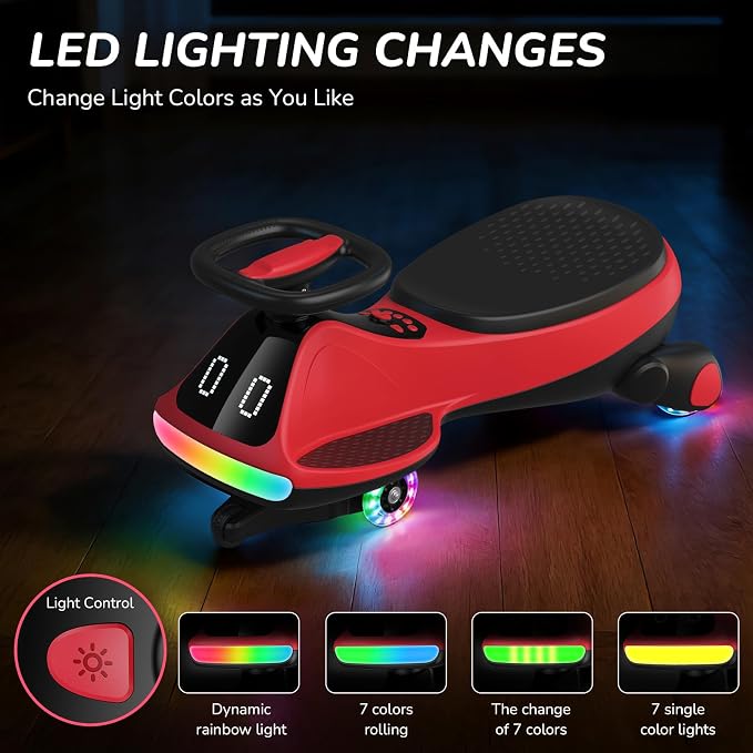 Umatoll 12V Electric Wiggle Car for Kids with Pedal, Display, Rechargeable Battery, LED Light, Bluetooth, Light-Up Wheels, Anti-Rollover, 2 Speeds, Ride on Toys, Birthday Gifts for Age 3+, 150Lbs