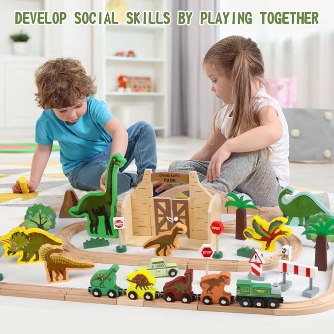 Wooden Train Set, Dinosaur Toys for Kids 3-5, Compatible with Major Brands, Dinosaur Train, Ideal Wooden Dinosaur Train Track Set for 3 4 5 6 7 8 Year Old Kids Boy Girl