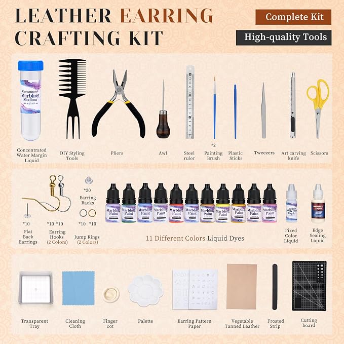 Tikjiua Leather Crafting Kit, Leather Making Kit for Earrings, Leatherworking Tooling Kit with Working Tools and Supplies, Step-by-Step Video Tutorial, Earrings Craft Kits for Adults