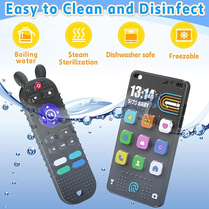 Kaodezhu TV Remote Control Shape Baby Teething Toys and Phone Shape Teether Toys for Babies 6-12 Months, Soft Flexible Silicone Chew Toys for Baby - Black