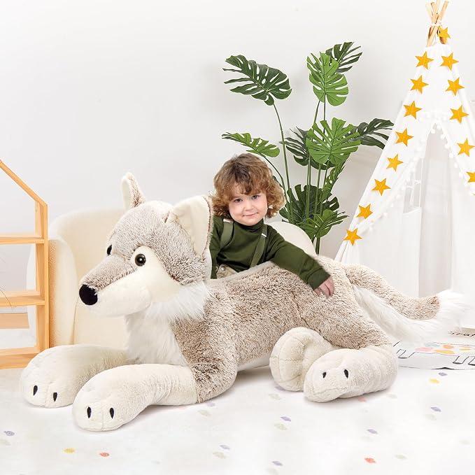MaoGoLan Large Wolf Stuffed Animal for Boy, Giant Wolf Plush Toy for Girl, Stuffy Coyote for Kid, Realistic Stuffed Coyote Plush Pillow for Birthday Easter Gifts Baby Shower Party Decor, 47 inches
