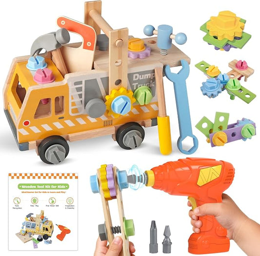 Kids Tool Set - 40 Pcs Wooden Toddler Tool Bench with Toy Drill,Montessori STEM Construction Pretend Play Toys for 3 4 5 Year Old Boys Girls, Toolbox Truck with Storage, Toddler Birthday Gift