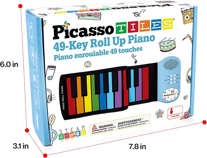 PicassoTiles Electronic Piano 49Key Flexible Roll-Up Keyboard with Recording Feature 8 Tones 6 Demo Songs Built-in Speaker Educational Music Toy for Kids Toddlers Boys Girls Rainbow Color Design PT49