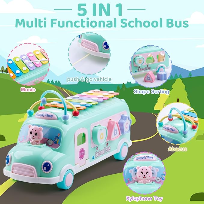 5-in-1 Baby School Bus Xylophone Toys for 1 Year Old Girl Gifts, Educational Toddler Toys , 1st Birthday Gril Gift, Toddlers Montessori Musical Baby Bus with Shape Sorter & Knock Hammer