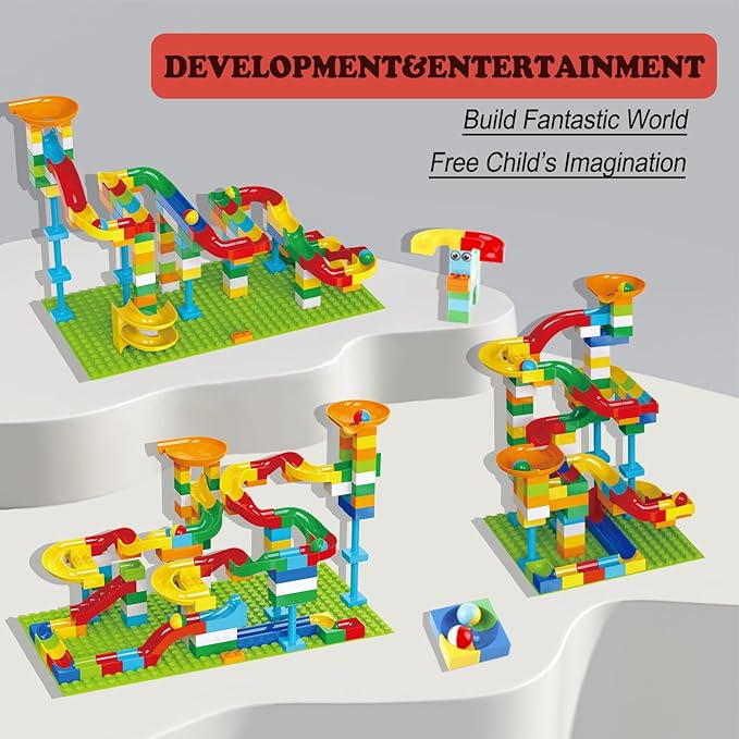 Anpcso Marble Run Building Blocks for Kids Age 3-8, 128 Pcs STEM Building Bricks Set with Toss Ring Game, Educational Learning Toys for Toddlers Boys Girls Gifts- Compatible with All Major Brands