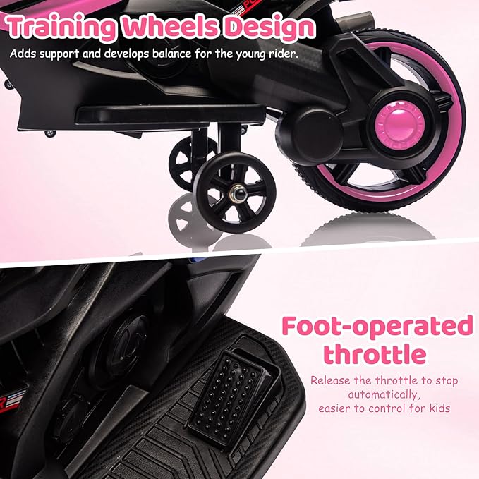 Kids Ride On Motorcycle, 6V Battery Powered Electric Motorcycle, w/Treaded Tires, Horn, Working Headlight, Music, Training Wheels, Stable Ride On Toys for Kids Toddler Boys Girls 3-6, Pink