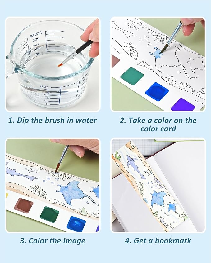 Vileafy 20 Under The Sea Party Favors for Kids Ages 4-8, DIY Pocket Watercolor Painting Bookmarks -Paint with Water Mini Coloring Book for Kids Airplane Travel Essentials (Sea Animals)