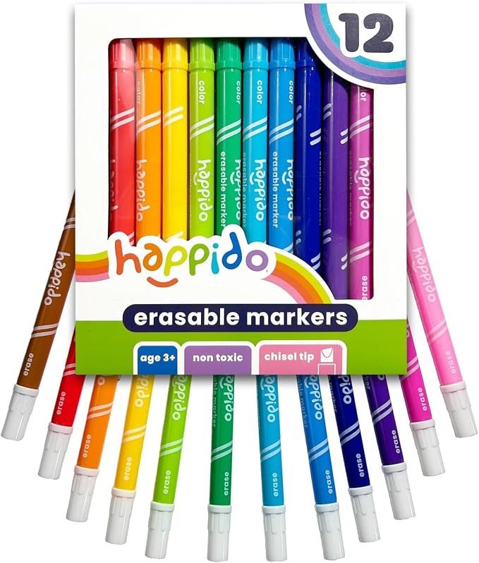 International Arrivals Double Sided Erasable Marker Sets for Kids Happido, Set of 12 Chisel Tip Non Toxic Markers, Great School Supplies, Art and Stationery Set