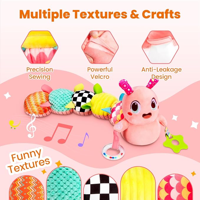 GoGonova Musical Caterpillar Baby Sensory Toy for Infant Development 0-12 Months – Tummy Time Crawler & Teether – Newborn Bath, Car Seat, Stroller & Bassinet Activity Toy & Gift(Pink)