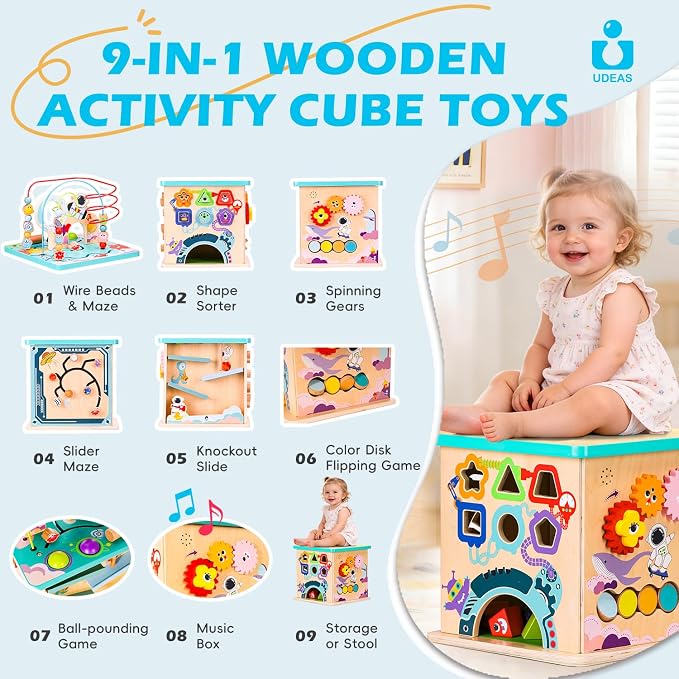 Pre-Assembled 9 in 1 Large Wooden Activity Cube. Educational Learning Toy for Kids with Bead Maze, Shape Sorter and Music Gears and More. for Toddlers 18 M+. Birthday Gifts for Boys and Girls
