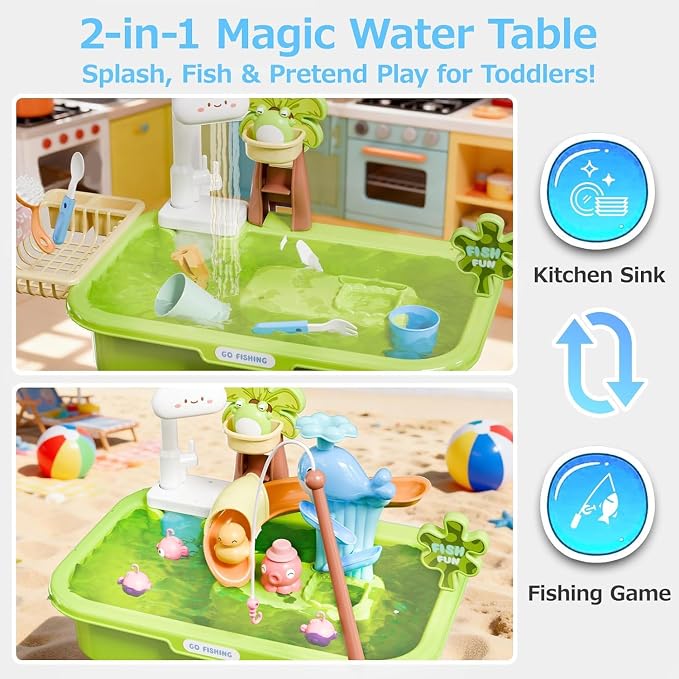 Sand and Water Table Toy for Toddlers 1.5+, 22 Pcs Accessories, 4L Large Capacity Basin, Fishing Game and Kitchen Sink Play, Outdoor Sensory Summer Gift for Kids, Spring-Green