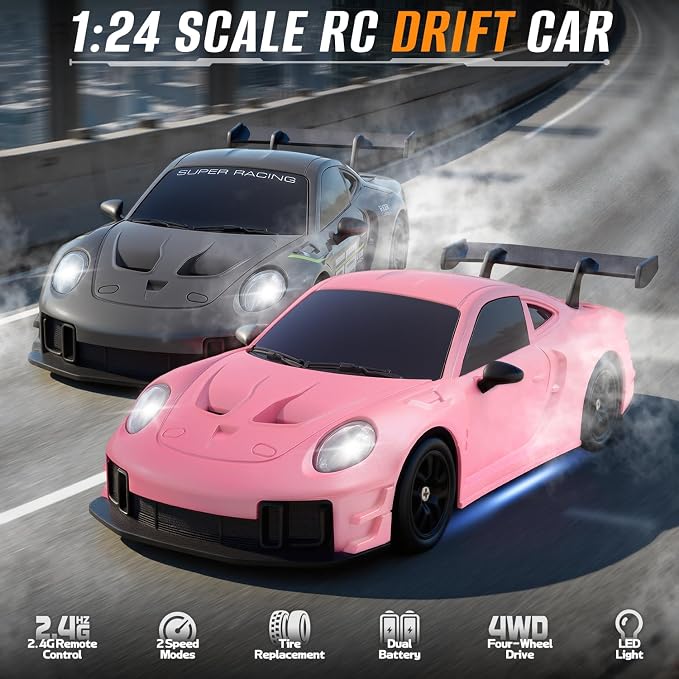 RC Drift Car, 1:24 4WD Remote Control Cars Vehicle with LED Light,2.4GHz 20KM/H High Speed RC Cars with Two Batteries & Drifting Tires Racing Sport Toy for Adults Boys Girls Kids Pink