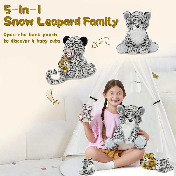 MorisMos Snow Leopard Stuffed Animal with Babies, 5-in-1 Plush Family, 14" Mommy Snow Leopard with 4 Baby Cubs, Soft Cuddly Big Cat Plush Toys Gifts for Kids Birthday Jungle Baby Shower Nursery Decor