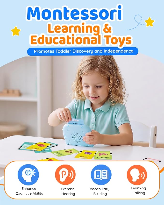Aullsaty Talking Flash Cards for Toddlers 1-5 Years Old, Upgraded 536 Sight Words with 6 Songs Montessori Autism Sensory Toys, Educational Learning Speech Therapy Birthday Gifts for Boys Girls (Blue)