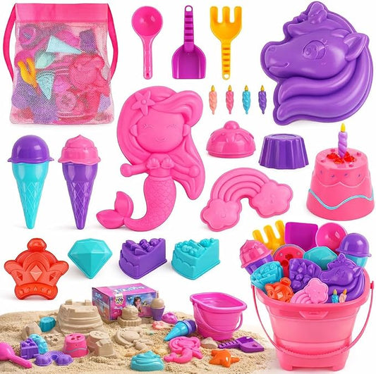 TOY Life 23 Pcs Unicorn Beach Toys for Kids Ages 4-8 Collapsible Sand Toys with Silicone Bucket Shovels & Sand Castle Building Kit Molds, Sandbox Toy for Travel, Beach Party, Fishing, Summer Toys