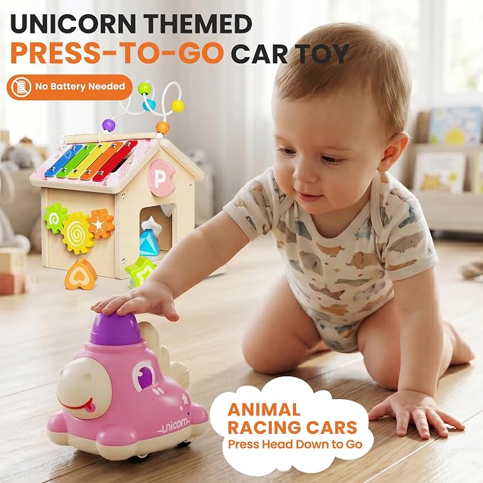 9-in-1 Wooden Activity Cube, Montessori Baby Activity Center Toys for 1+ Year Old Boys & Girls, Unicorn Theme Baby Cube with Car Toys & Shape Sorter, Educational Toy for Toddlers, Ideal Baby Gift