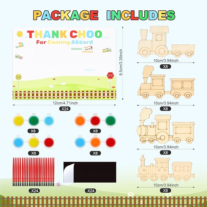 24 Set Train Party Favors, Train Birthday Party Supplies, Wood Trains Painting Crafts Kits, Magnets with Card for School DIY Activity Trains Theme Choo Choo Birthday Party Decor Thank You Gifts