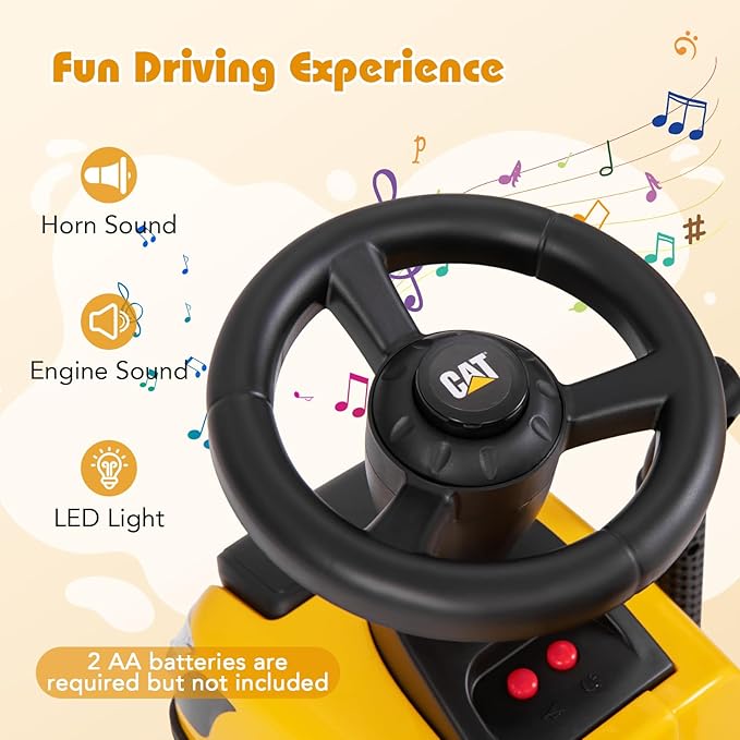 Costzon Kids Ride on Tractor, 2-in-1 Licensed Caterpillar Ride on Push Car w/Detachable Trailer, Horn, LED Lights, Rake & Shovel, Foot-to-Floor Sliding Car Gift w/No Power, Ride on Toy for Toddlers