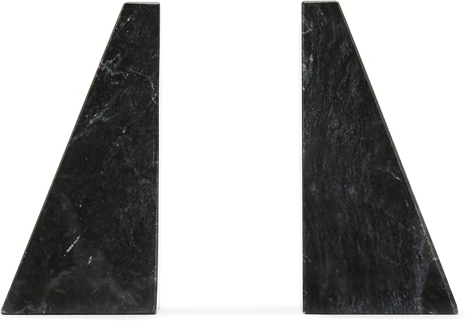 Fox Run 100% Natural Polished Marble Bookends, Black, Set of 2, Triangular Bookends for Heavy Books
