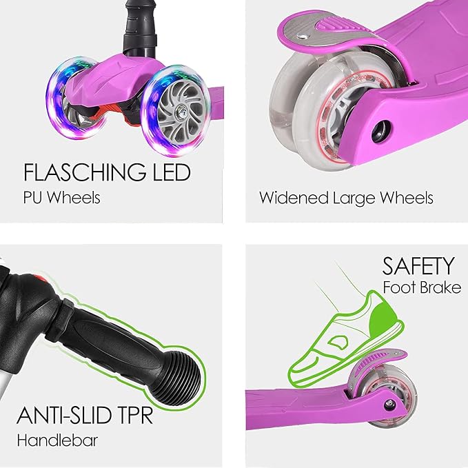 Kids Kick Scooter, 3 Wheeled Scooter for Kids, Child/Toddlers Toy, Adjustable Height, Anti-Slip Deck, Flashing Wheel Lights, for Boys/Girls 3-12 Year Old
