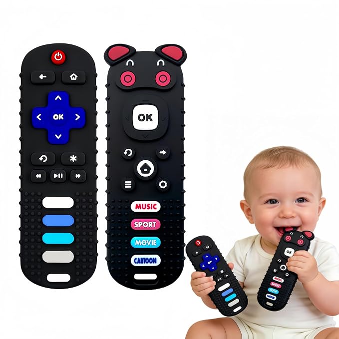 2Pcs Baby Teething Toys, BPA-Free Food Grade Silicone Baby Remote Control Teething Toy for 3-18 Months, Teething Relief Baby Toys, Teething Relief Newborn TV Remote Shaped Toy (Balck&Pig Black)