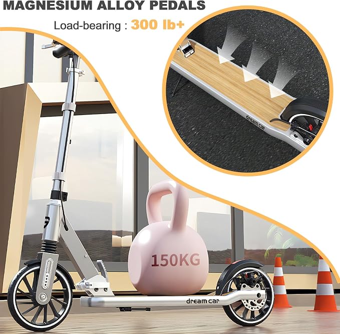 Scooter for Kids 8-12, Teens and Adults, Folding Kick Scooter with Adjustable Height, 8IN Big Wheels Scooters W/Anti-Shock Suspension, Up to 300 Lbs, Bearing ABEC9