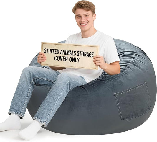 Lukeight Stuffed Animals Storage Bean Bag Chair Cover for Adult and Teen, Cozy Velvet Plush Toy Organizer Seat, Cover Only, No Filling Included, Long YKK Zipper, Side Pocket, XXX-Large 42 x 23 in