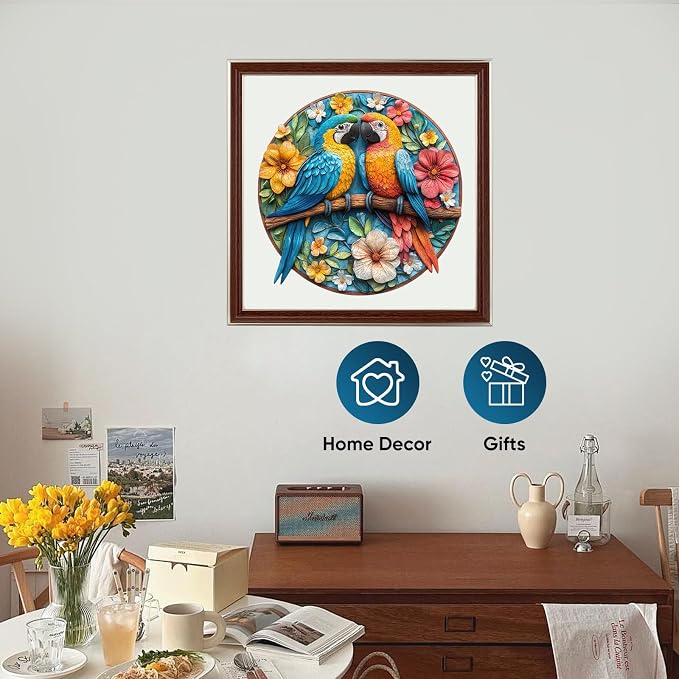 Mys Aurora Wooden Puzzles for Adults Round Parrots Jigsaw Puzzles, 500 Pieces 5MM Thick, Unique Shaped Colorful Bird Puzzle Family Game Gift for Adults and Kids, 16.2 x 16.5Inch
