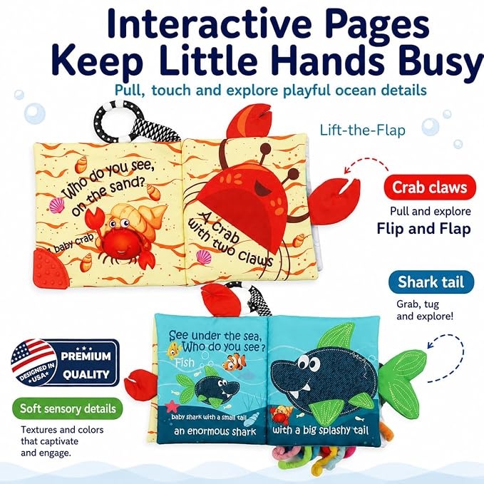 Fish Baby Book, Crinkle Books for Babies, Touch & Feel Soft Books, Infant Baby Toys 0-3 0-6 6-12 Months, Sensory Mirror Toy, Teether Ring, Baby Shower, Baby Basket Stuffers,Gifts for Boys Girls -Blue