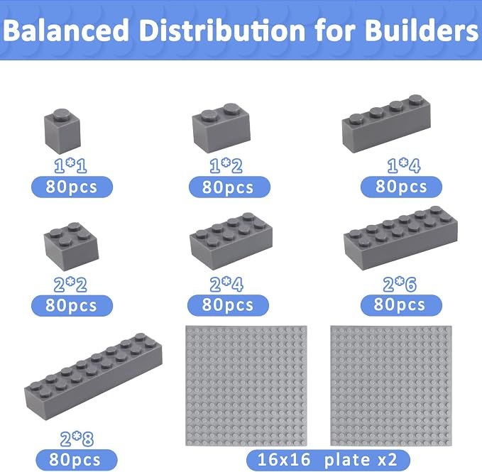 Cabeeskii 560 Pieces Dark Grey Classic Building Blocks Bulk with 2 Base Plates, Building Bricks in 7 Size, Compatible with All Major Bricks, for Kids & MOC Lovers