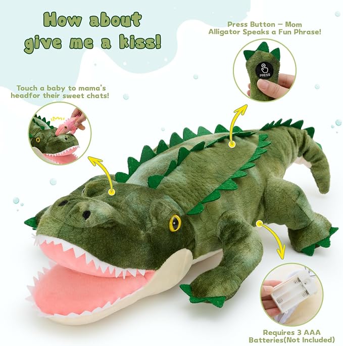 7Pcs Sound Alligator Plush Toy, 23.6" Talking Mother Crocodile Stuffed Animal with 3 Baby Alligators & 3 Eggs, Stuffed Educational Zoo Animals for Kids, Safari Plushies Gift for Christmas