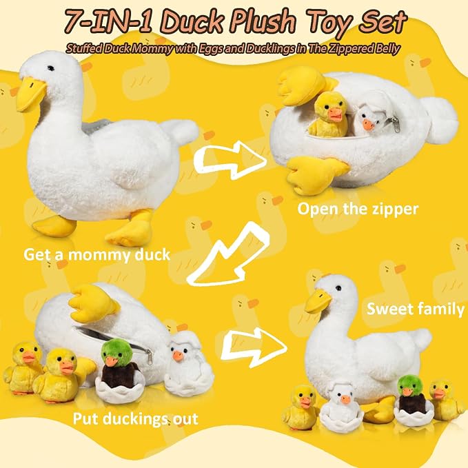 7 in 1 Duck Stuffed Animal, 12" Zippered Mommy Stuffed White Duck Plush Toy with 4 Baby Ducklings and Eggs, Soft Duck Plushie Pillow for Kids Christmas Birthday Gift Farm Party