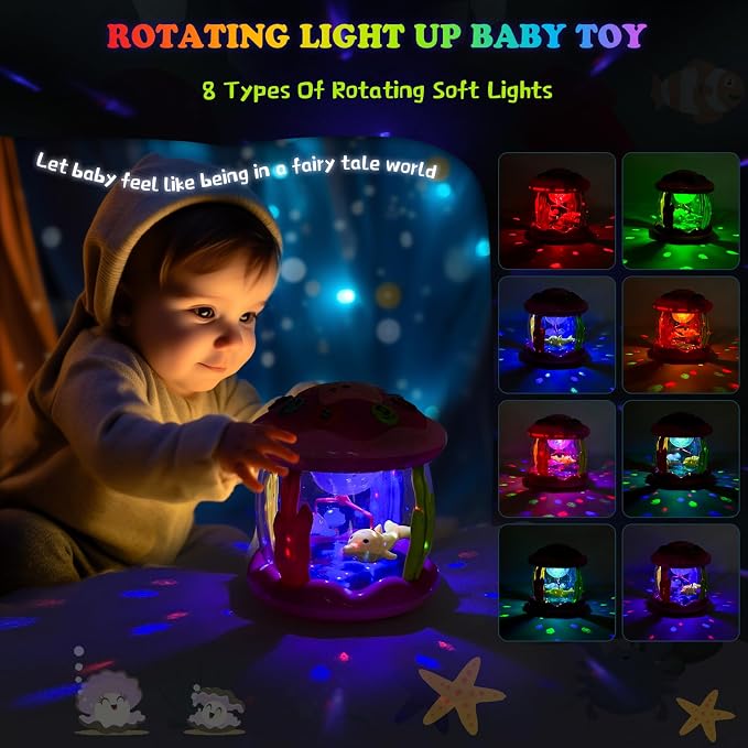 M SANMERSEN Baby Girl Toys 12 Months - Babies Ocean Rotating Projector Light Up Musical Toys for 12-18 Months Crawling Learning Tummy Time 1 2 Years Old Infant Boys Girls Pink