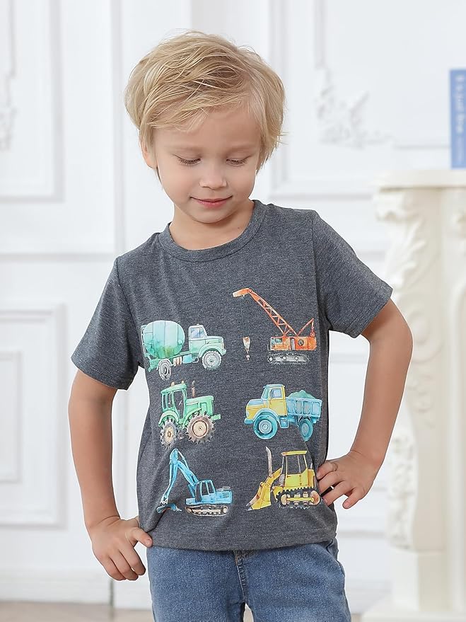 Lovekider Cotton Shirt for 3-6T Boys Truck Dinosaur Toddler Kids T-Shirt Short Sleeve Excavator Construction T-Rex Tee Shirts