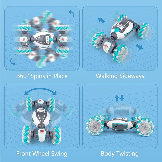 PREPOP Gesture Sensing RC Stunt Car, Birthday for Age 6 7 8-12 13+ Year Old Boys - Cool Toys for Kids, Hand Controlled Remote Control Twist Vehicle with Lights & Music, 4WD Rotating